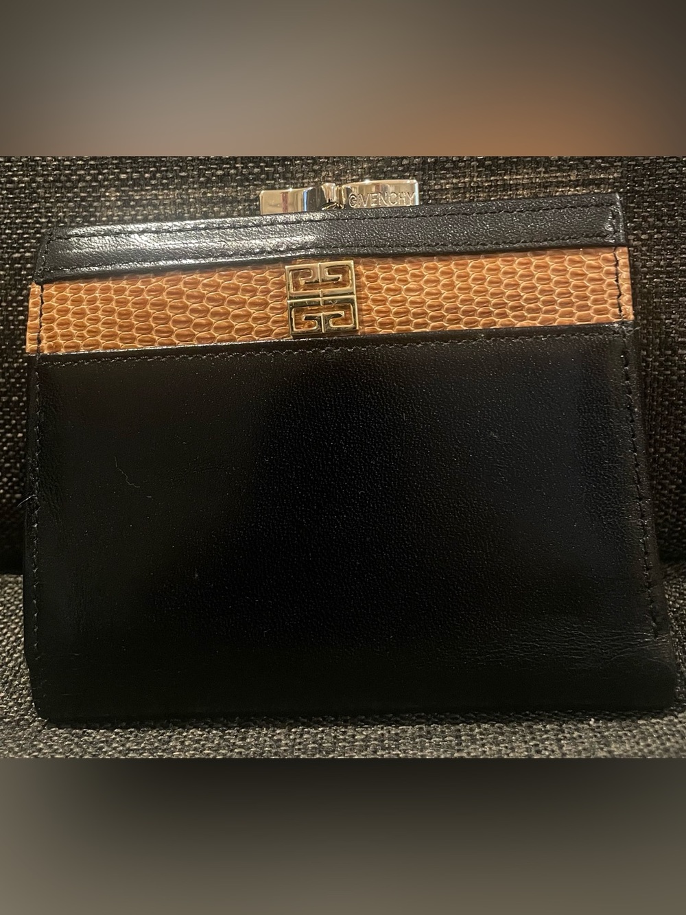 Vintage Givenchy Leather Card Wallet w/ Kiss lock, Brown Accents & Gold Logo